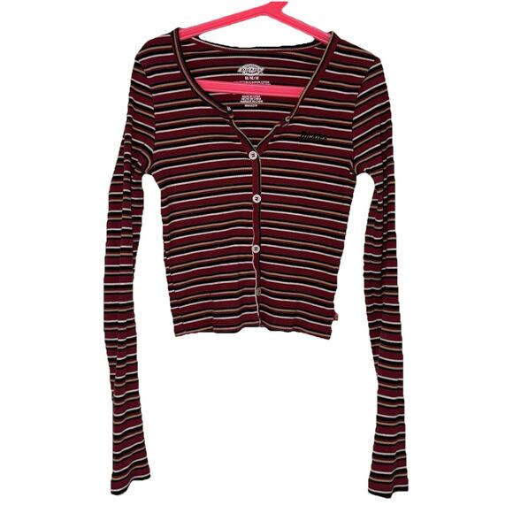 Dickies Striped Red Cropped Henley Shirt Retro 90s Y2K Girls Junior Size Medium - Picture 1 of 7
